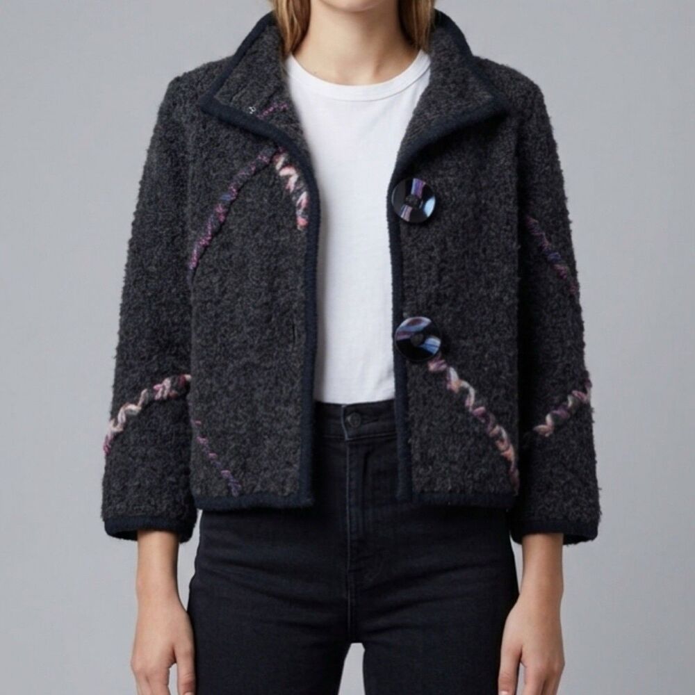 Vtg 90s Crop Cardigan Sweater Art To Wear Wool Mohair Blend Whipstitch M Cottage